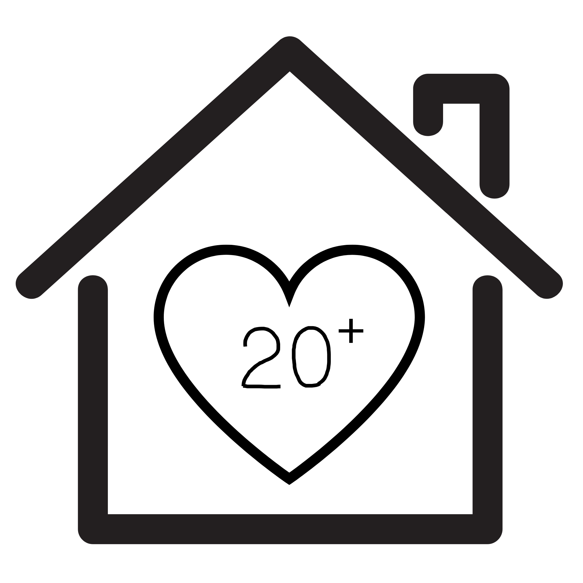 Black and white illustration of a house with a heart symbol inside, displaying '20+' which likely signifies age restriction.