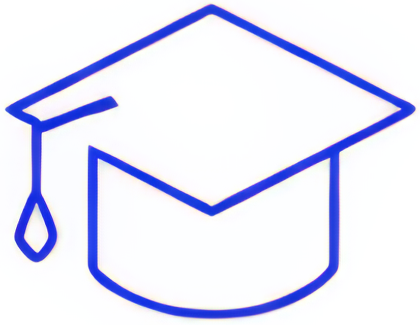 Blue neon outline of a graduation cap with a tassel.