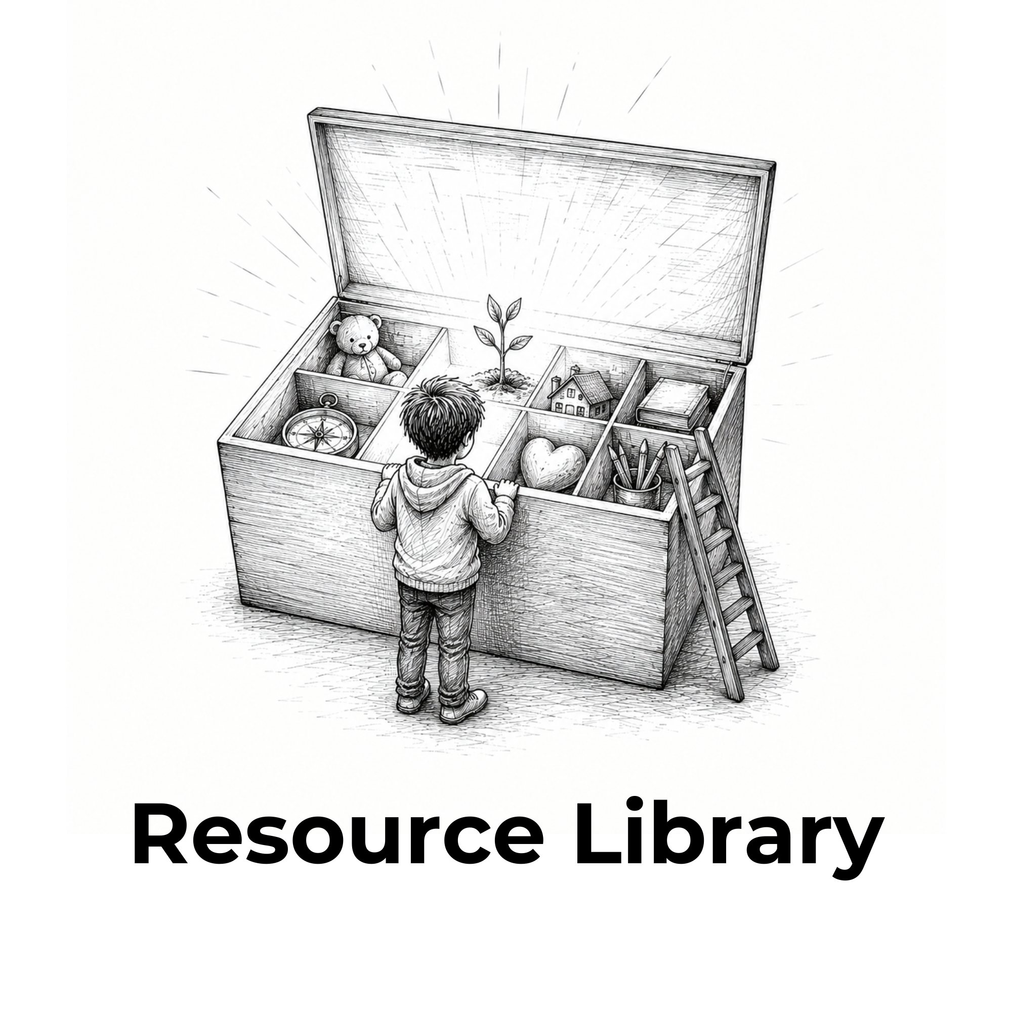 Black and white sketch of a boy looking into a wooden resource library box with various items, including a teddy bear, plant, house model, and stationery, along with the text 'Resource Library' at the bottom.
