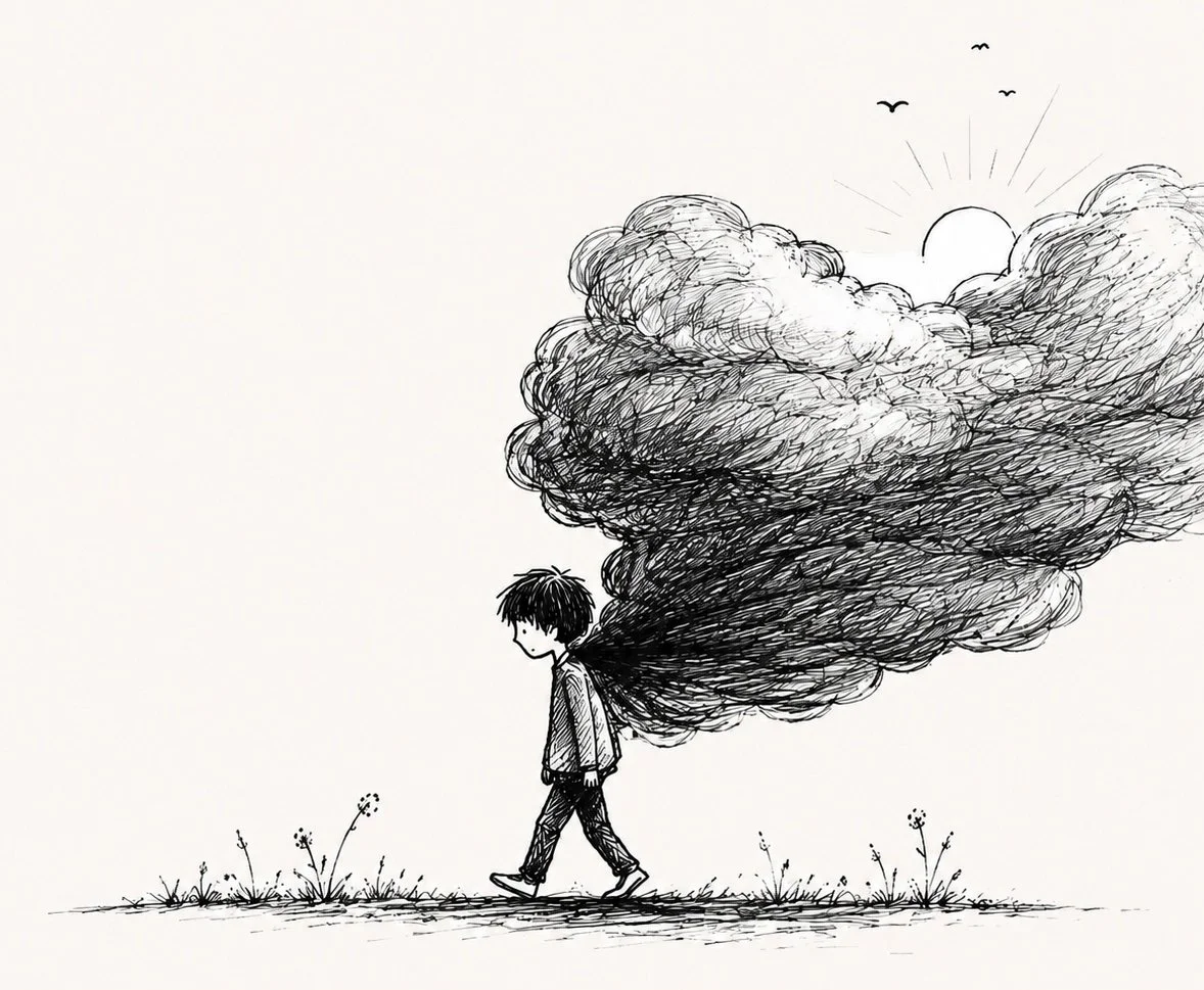 A black and white sketch of a person walking on grass with a large dark cloud of smoke or pollution emanating from their back, with the sun and birds in the background.