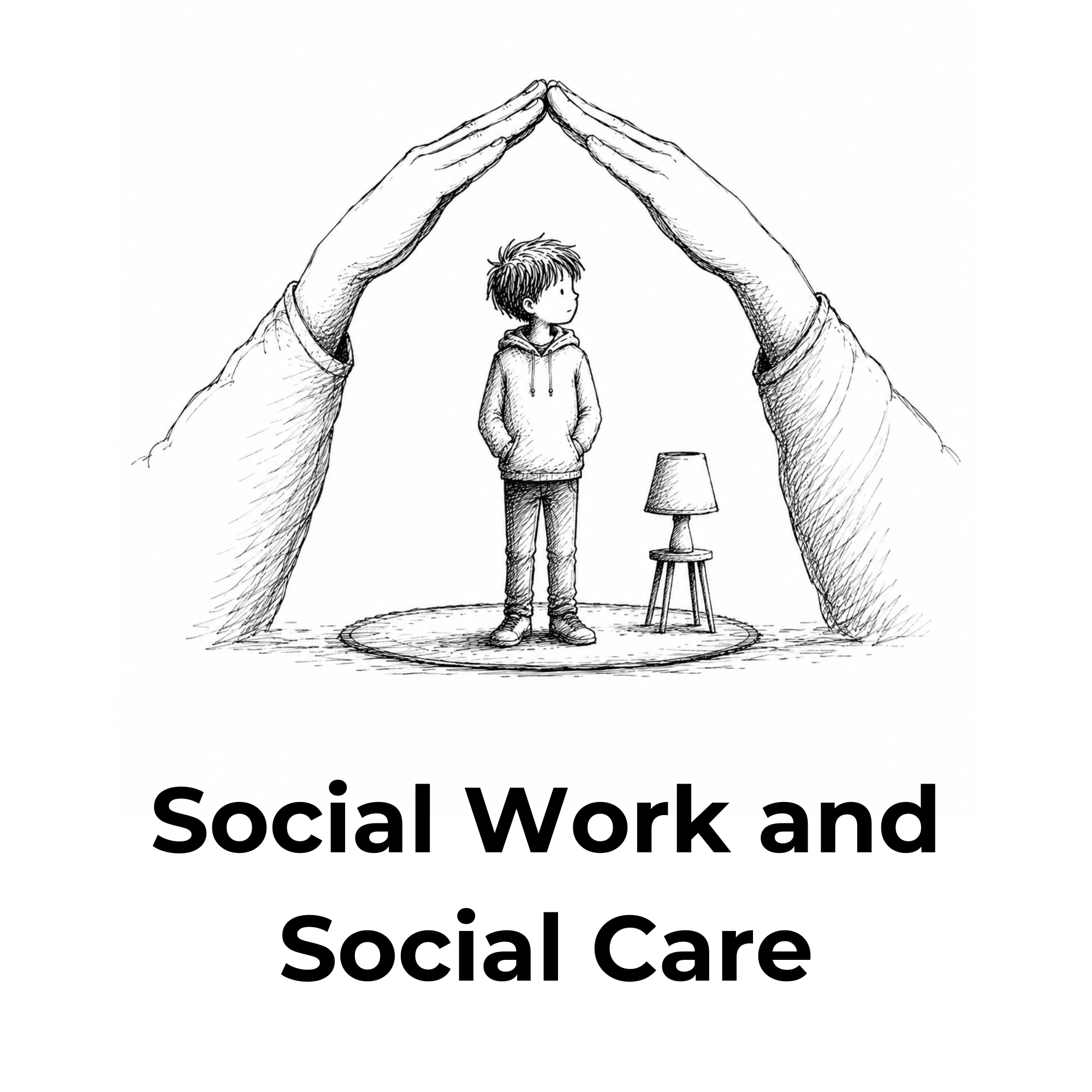 Black and white illustration of a child standing with hands in pockets, surrounded by large hands forming a protective shelter, with the text "Social Work and Social Care" shown at the bottom.