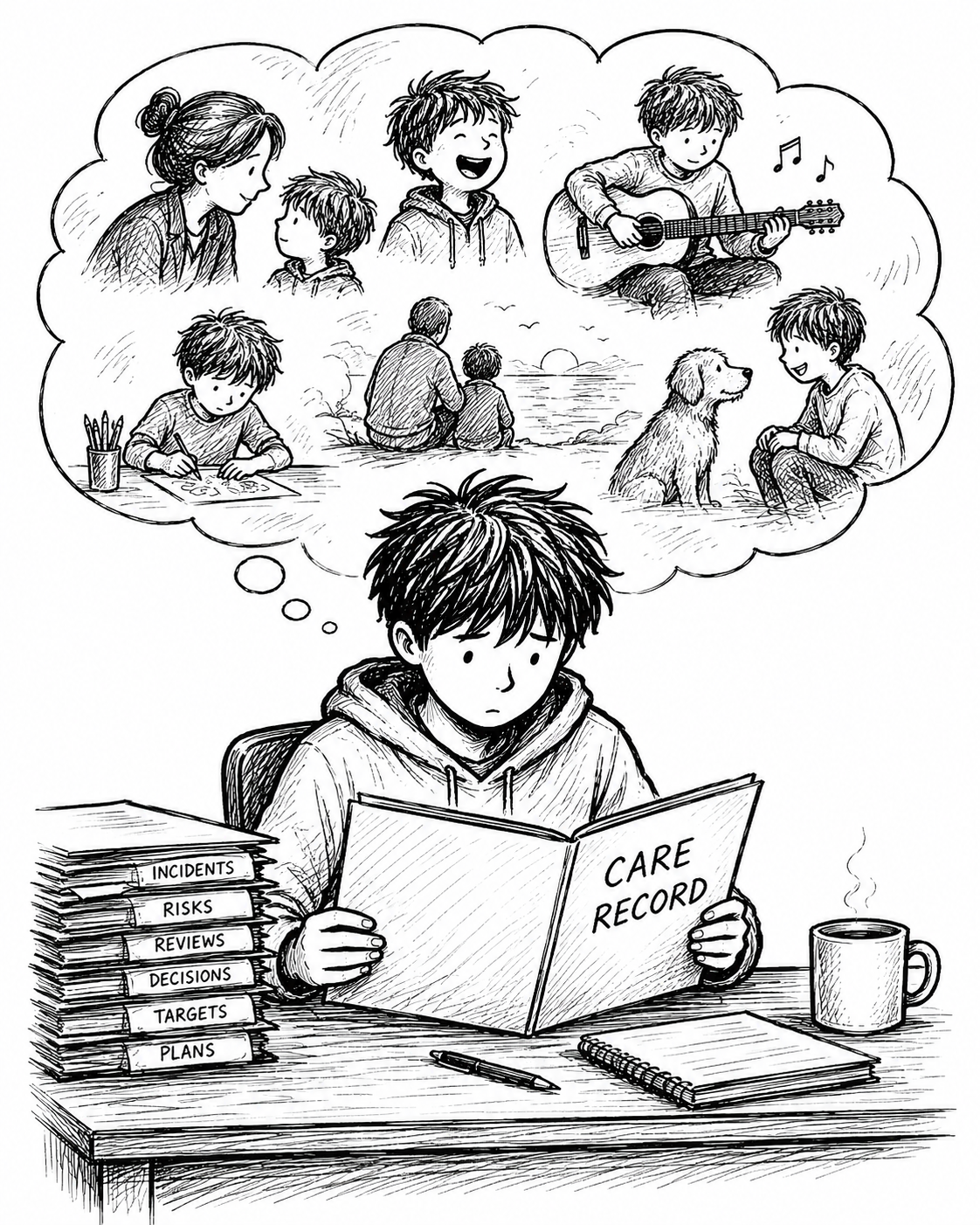 A person looking at a care record book with a worried expression, sitting at a desk with a mug, a pen, and stacked files labeled incidents, risks, reviews, decisions, targets, plans. A thought bubble above shows happy family scenes, including children playing, drawing, and spending time at the beach with a dog, and children playing guitar and talking.