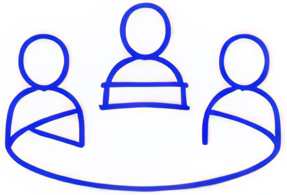 Blue neon outlines of three people sitting around a conference table.