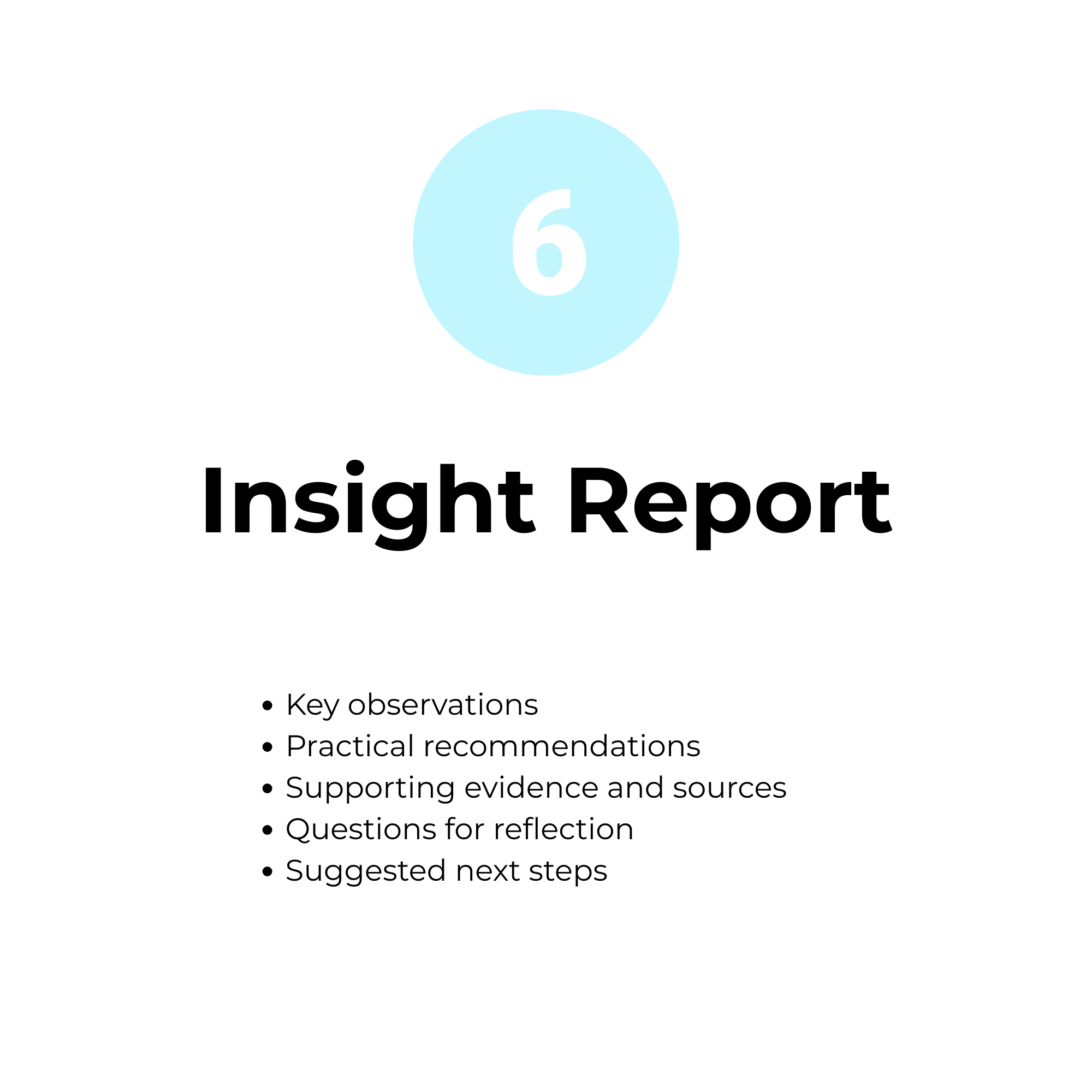 Page of an insight report with a large blue number 6 in a circle at the top, the title 'Insight Report' below, and bulleted key points listed.