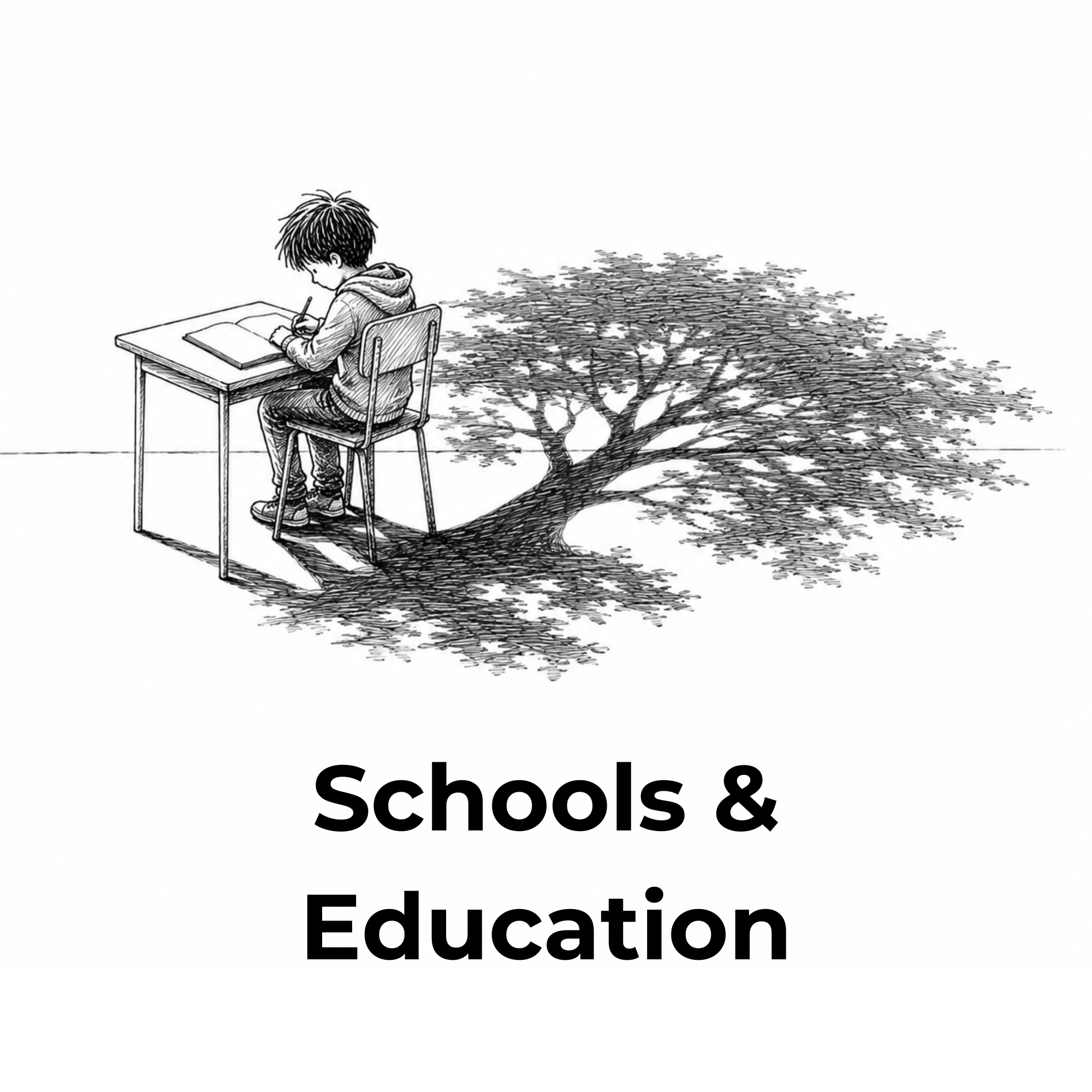 A black and white illustration of a boy sitting at a desk writing in a notebook, with a tree in the background.