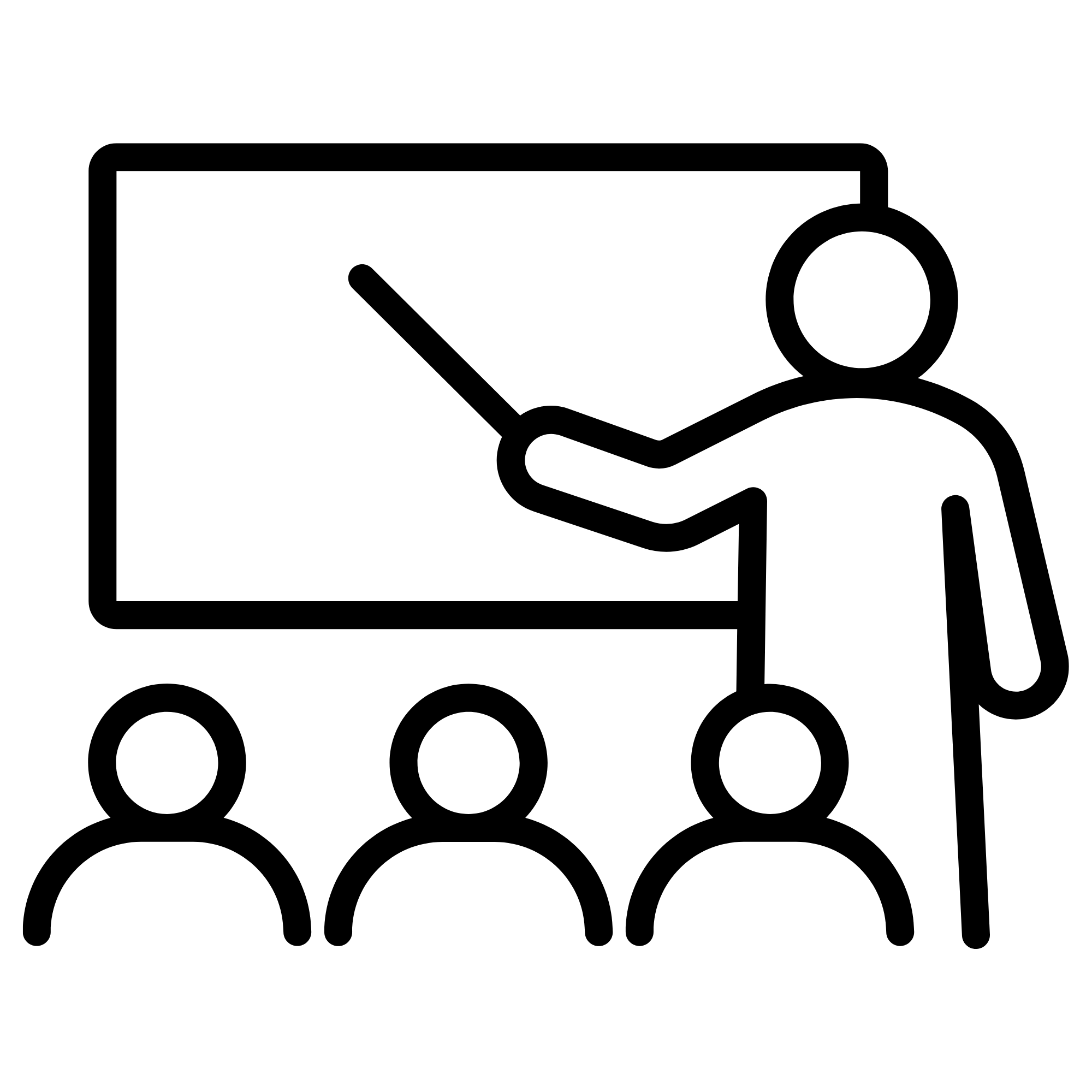 Outline of a person with a presentation board, pointing at a chart on the board.