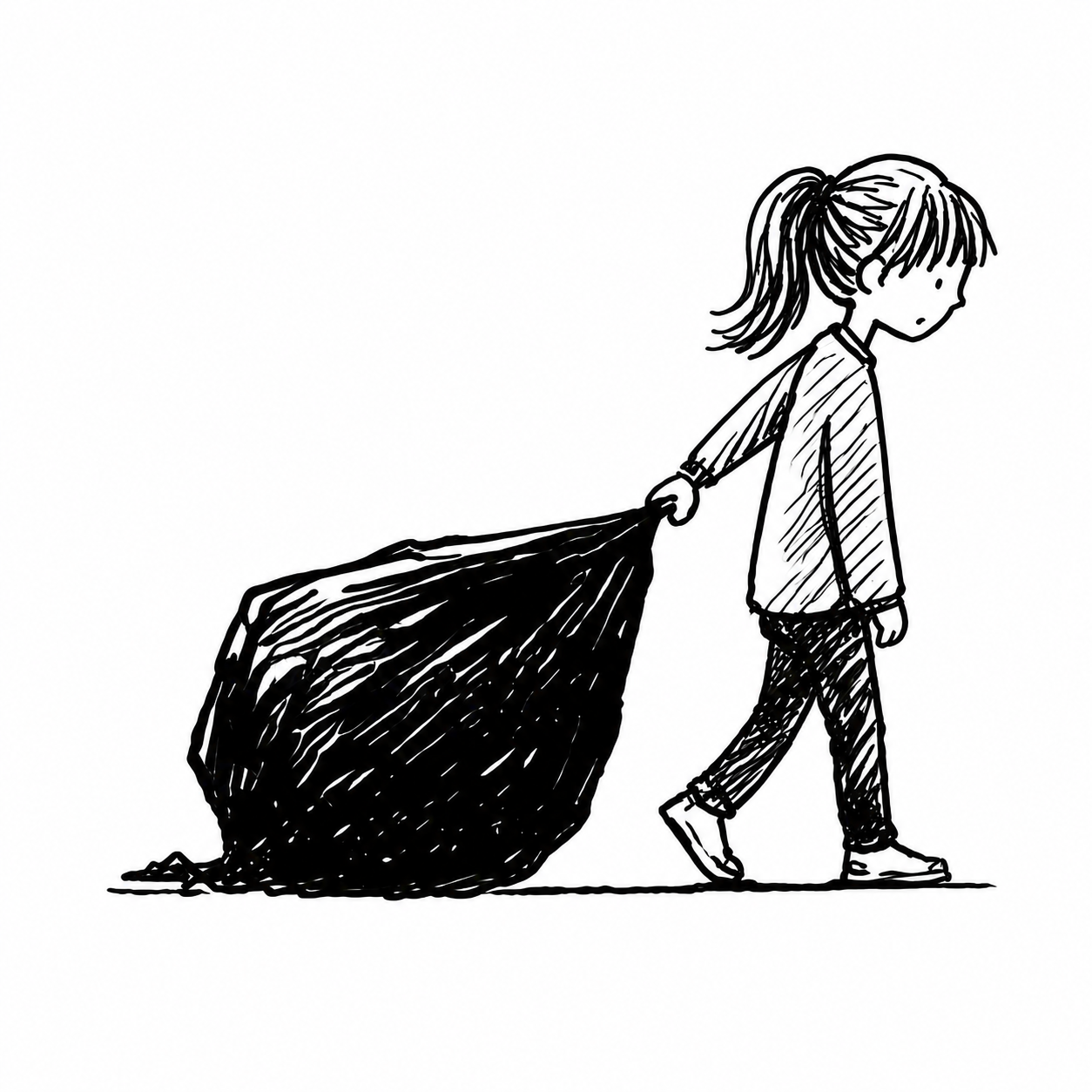 A black and white sketch of a young girl walking while dragging a large, messy bag.