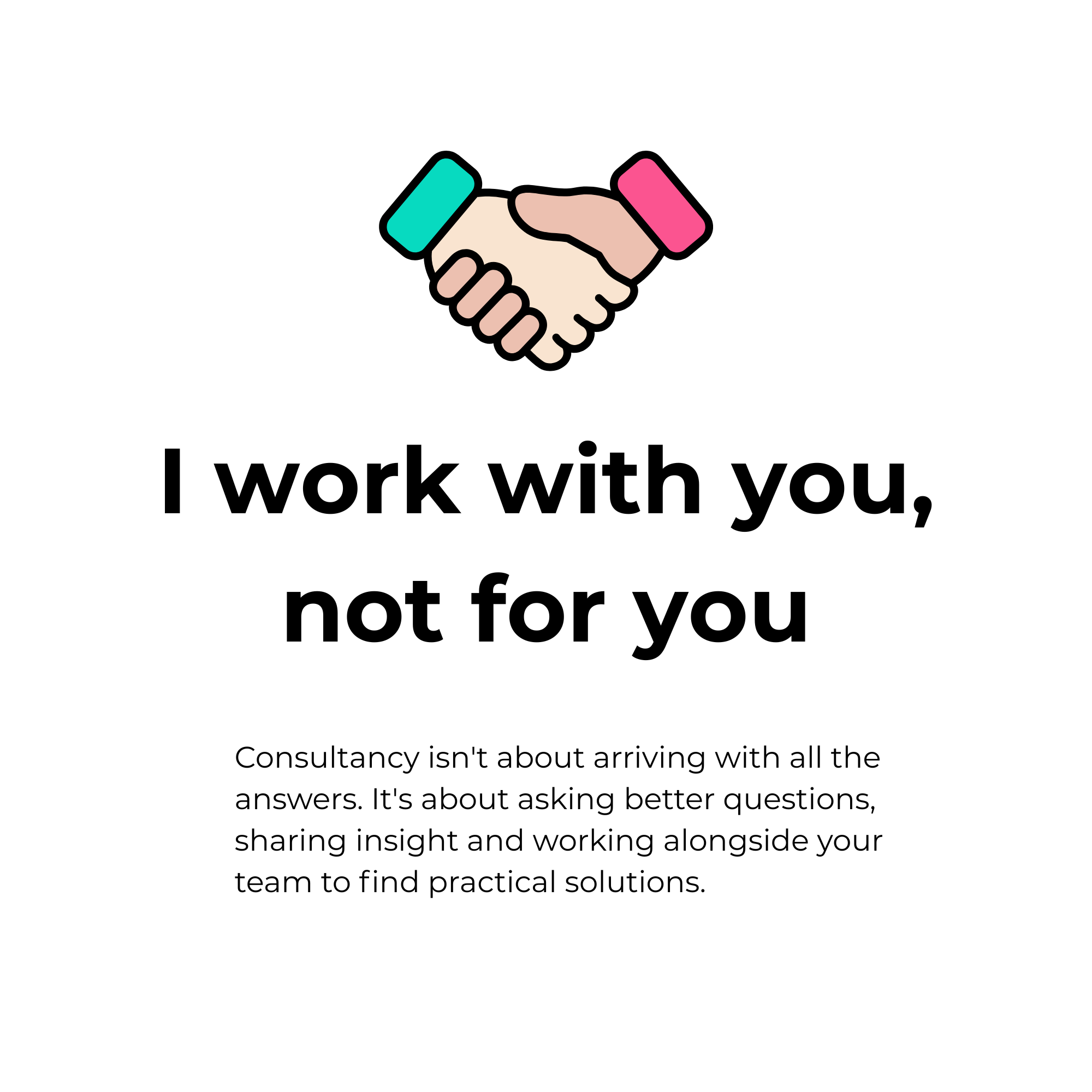 An illustration of two hands engaging in a handshake, with one hand having a teal sleeve and the other a pink sleeve.