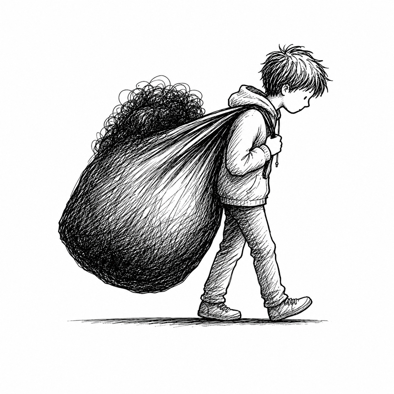 A black-and-white drawing of a young person walking with a large bag on their back, looking down and appearing to be carrying a heavy load.