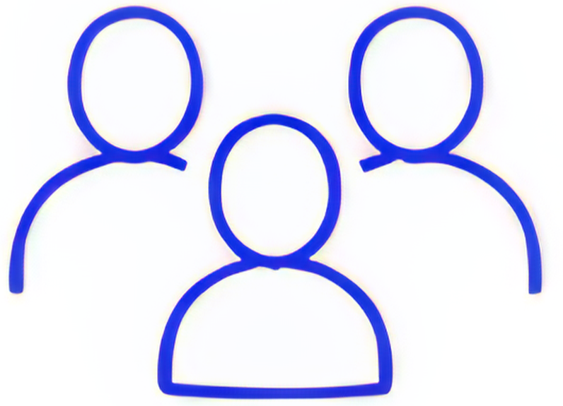 Line drawing of three faceless human figures in blue, arranged in a triangle, representing a group or team.