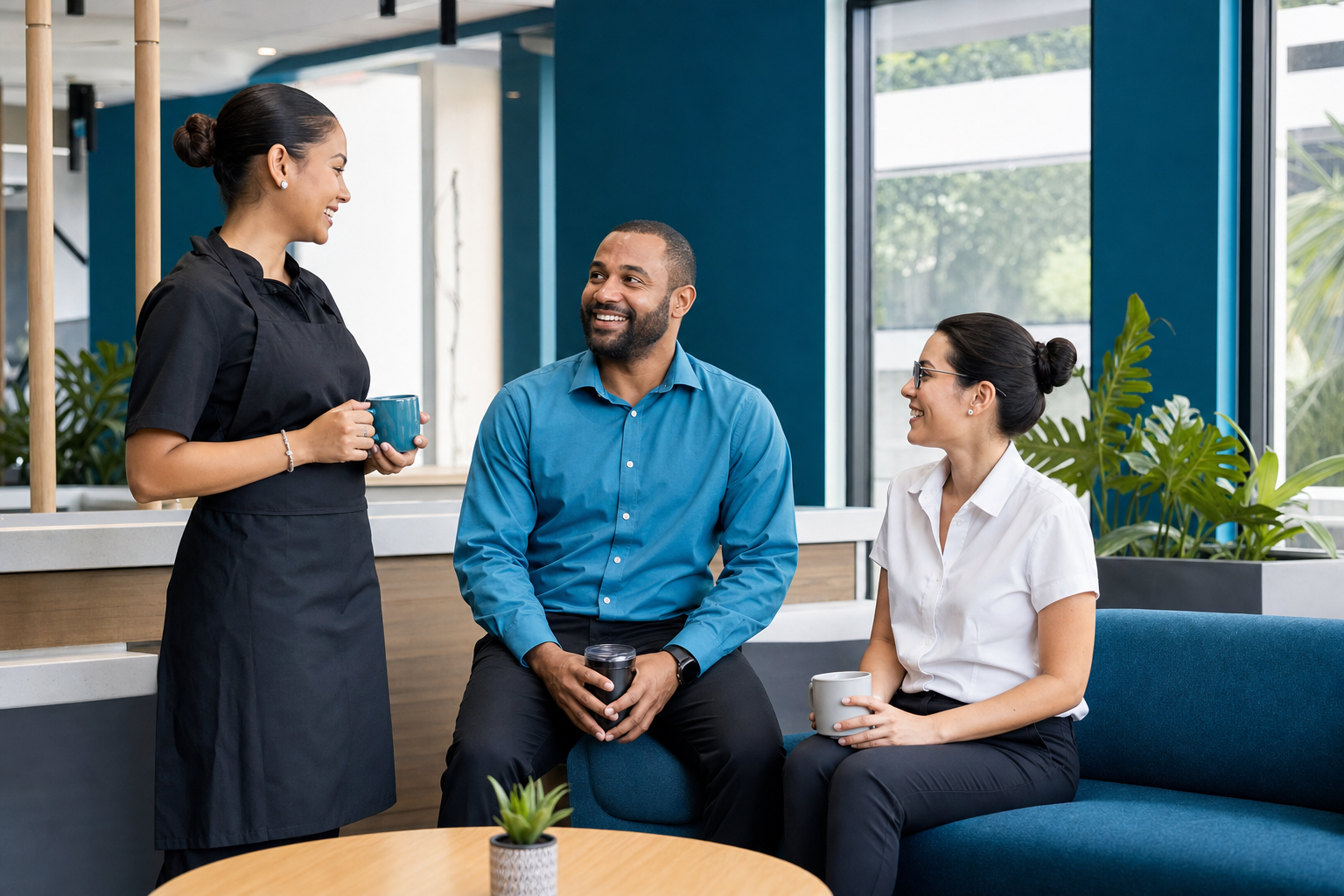 Diverse Cayman employees from different industries speaking together in a workplace.