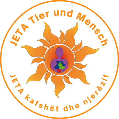 Logo featuring a stylized sun with a purple silhouette of a person holding a green heart, surrounded by the text 'JFA - Tier und Menschen' and 'JETZT KENNENLERNEN'.