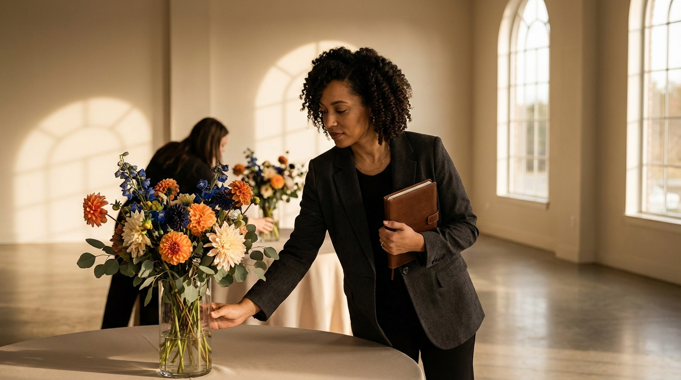 A woman in a black blazer arranging flowers in a vase during an indoor event, with a smiling person in the background.
