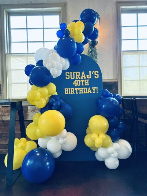 SURAJ'S 40TH BIRTHDAY party at Vault Brewing in Yardley was made very special with this 7 foot chiara backdrop with balloon garland.