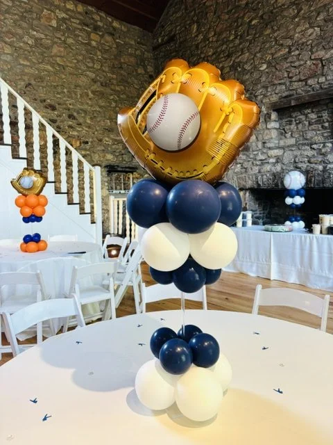 Baseball inspired Balloon Centerpieces were a homerun at Holly Hedge in New Hope for a rehearsal dinner party.