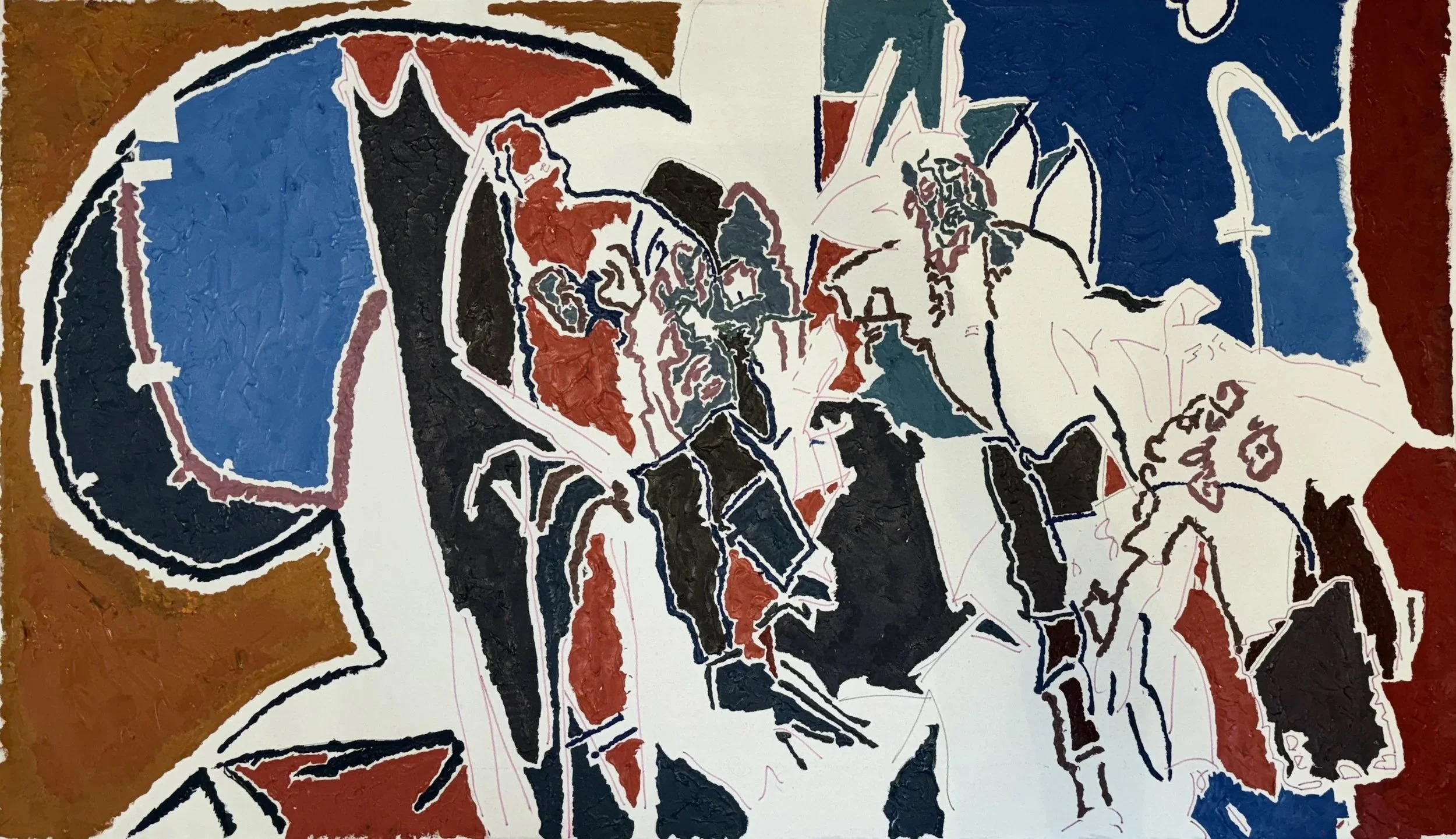 Marcucci’s Men. 2024. Acrylic and ink on canvas. 170 x 100 cm.