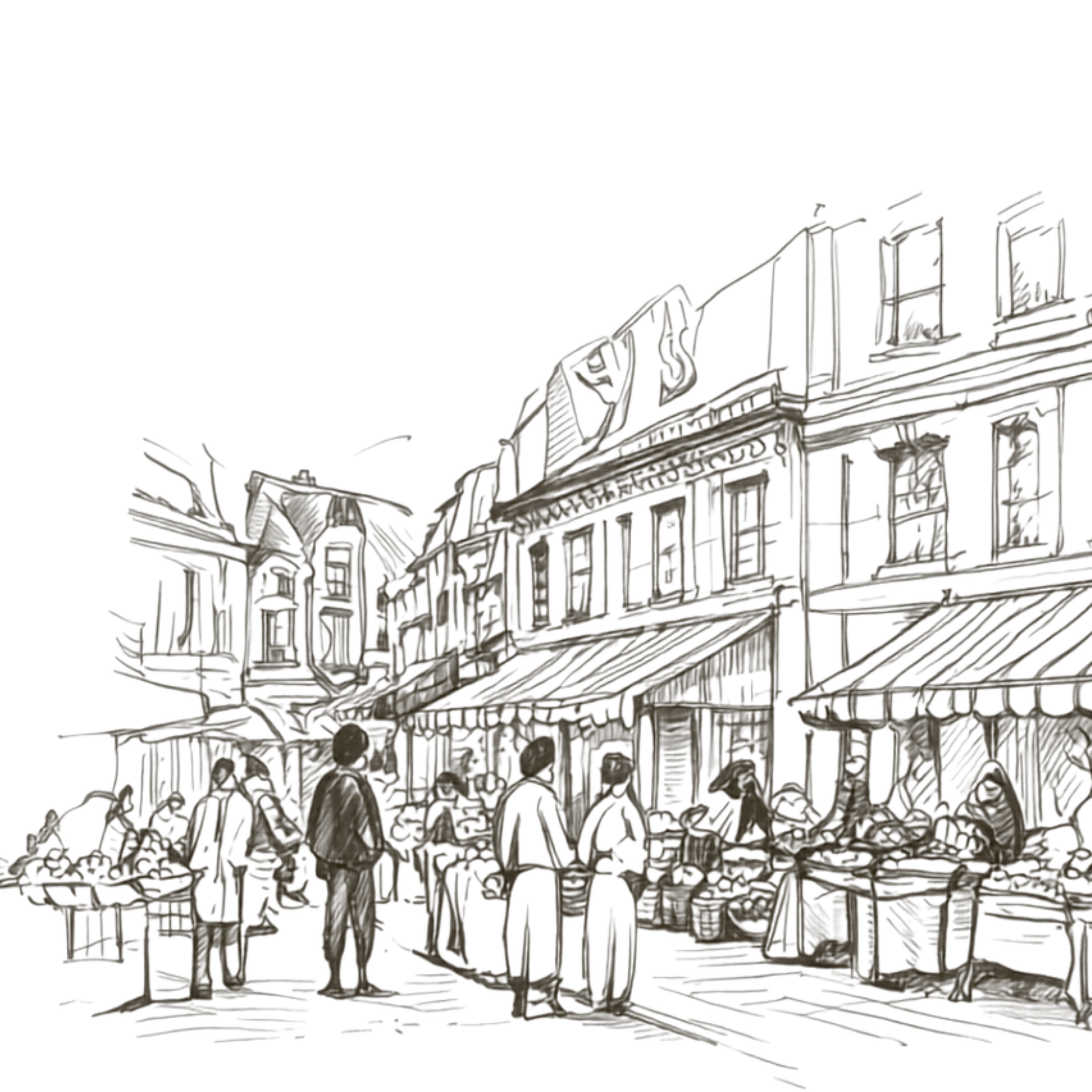 Illustration of a European street with historic buildings and people walking outside.