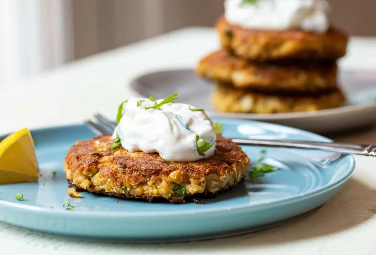 Chickpea Cakes with Cucumber-Yogurt Sauce