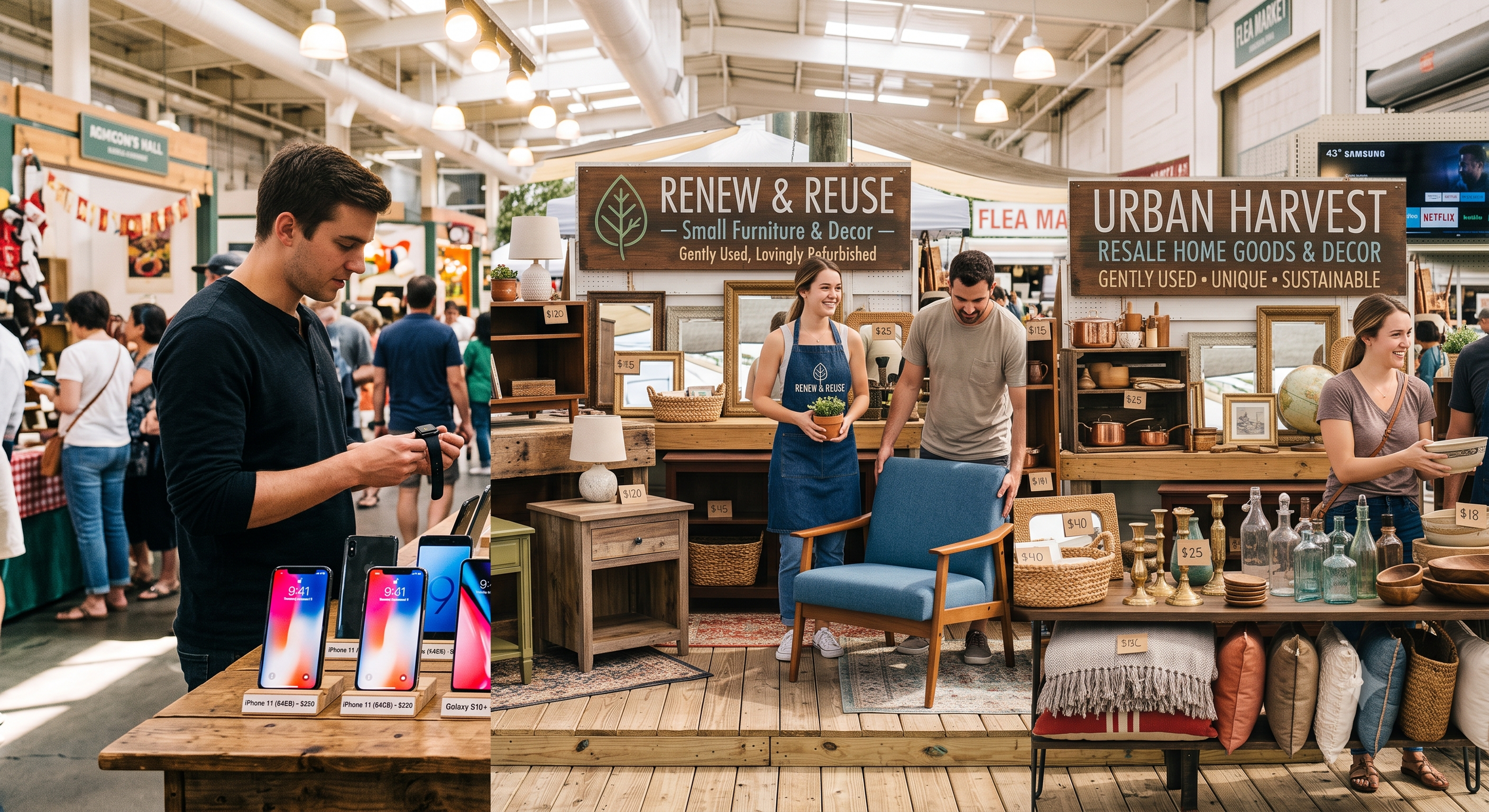 A man shopping for phones at a market stall, with other shoppers in the background. A second image shows a home decor stall with signs advertising small furniture, decor, resale home goods, and decor, with people browsing and smiling.