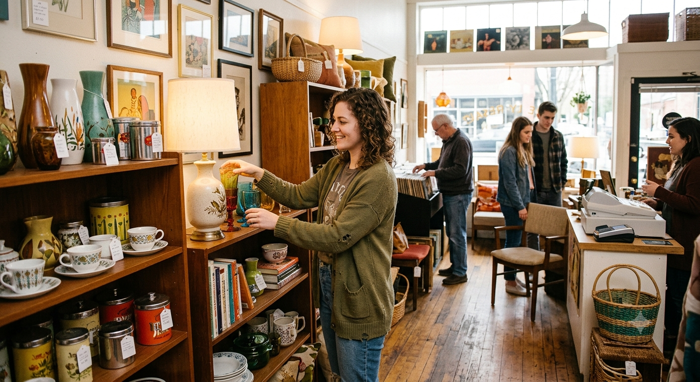People shopping inside a cozy antique or thrift store, browsing various home decor and collectible items on shelves and at the cash register, with natural light coming through large windows.