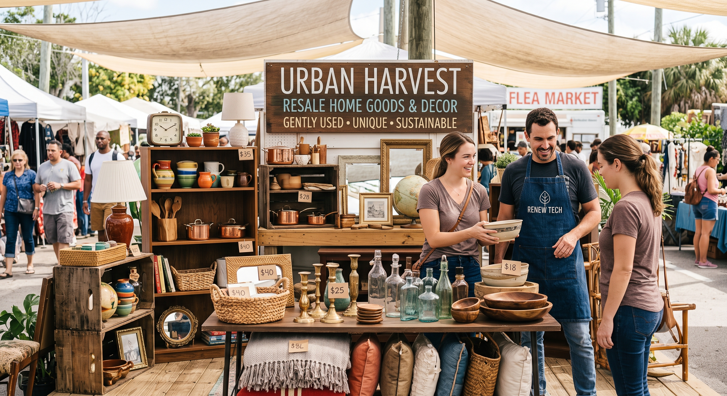 A busy outdoor market with vendors selling vintage and handcrafted goods, such as ceramic pots, picture frames, brass candlesticks, and wooden bowls. People browse and chat, with a large sign reading 'Urban Harvest' at the center, and a flea market sign in the background.