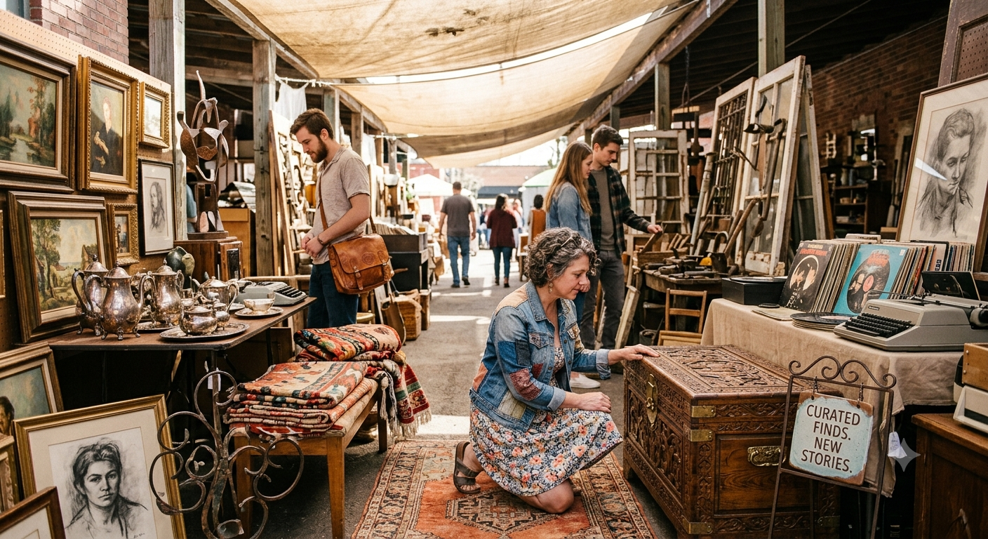 People browsing at a vintage market stall with various paintings, furniture, and collectibles displayed.