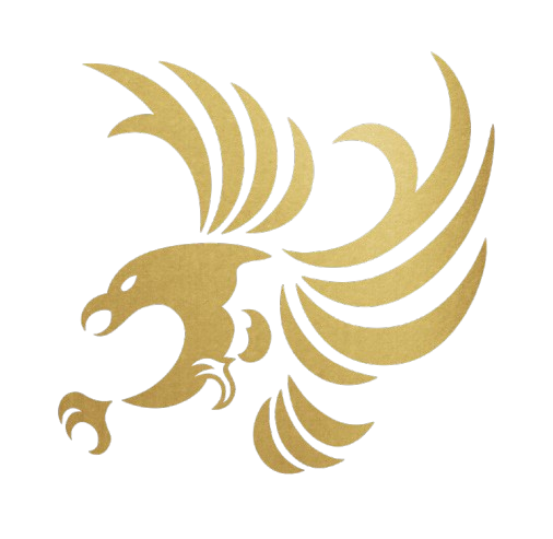 A stylised gold eagle with outstretched wings and a fierce expression, the Falcon Inn logo