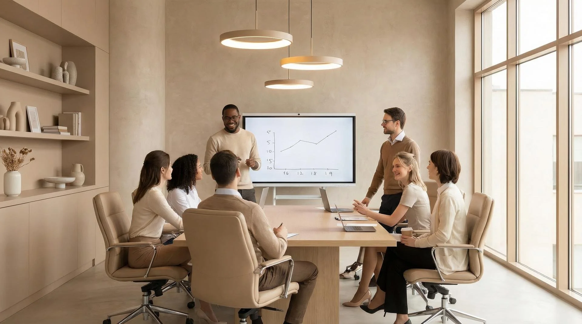 A diverse group of seven professionals in a meeting room, engaged in a presentation while sitting around a conference table. Two men are standing near a screen displaying a line graph, with one man presenting and the others listening and taking notes. The room has large windows, beige chairs, and minimalistic decor.