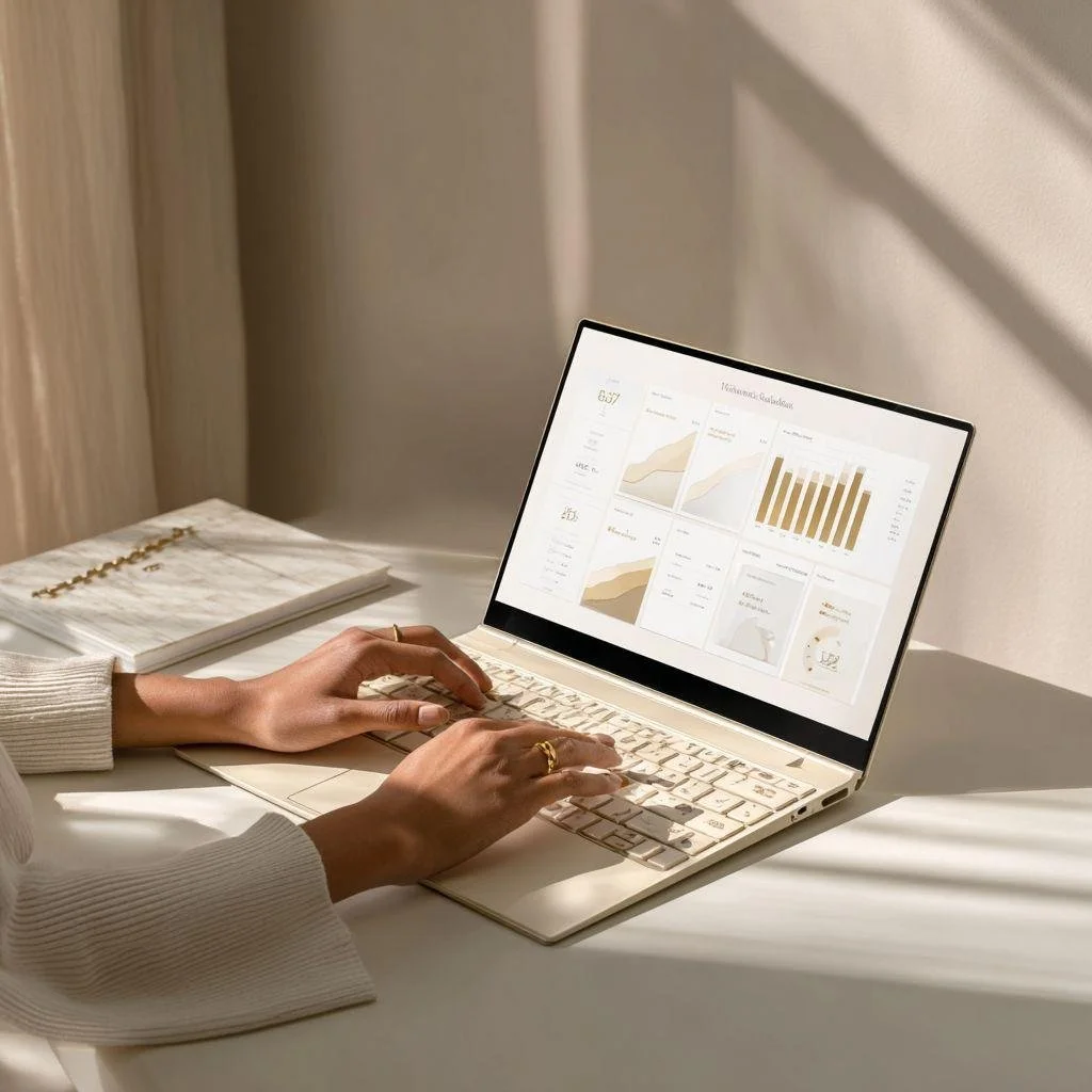 Person working on a white laptop displaying graphs and charts, with a white notebook beside them on a white desk, lit by natural sunlight.