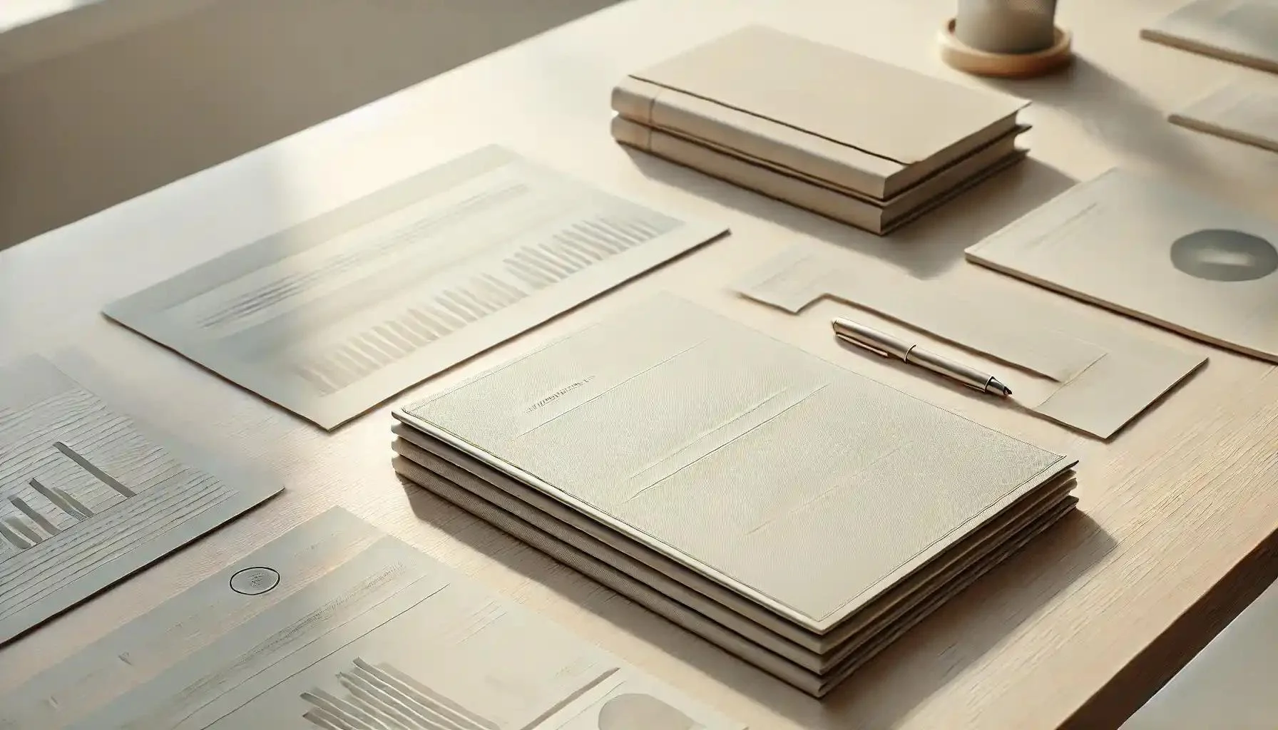 Organized workspace with documents, notebooks, and a pen on a light-colored desk.