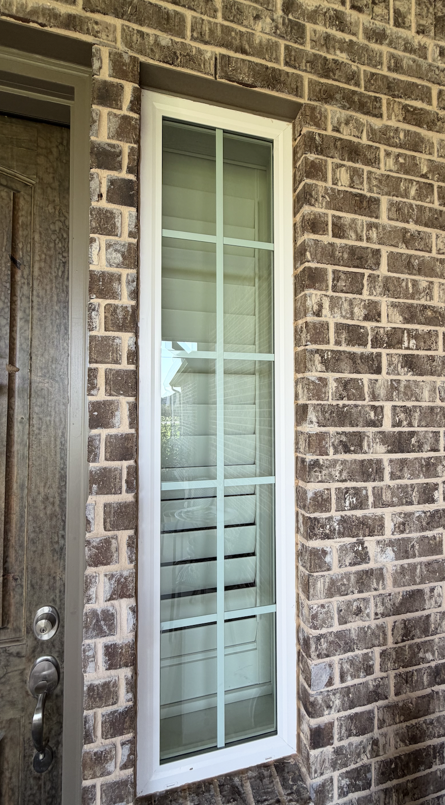 The exterior window is extremely dirty, covered in dust, dirt, pollen, and weather residue.