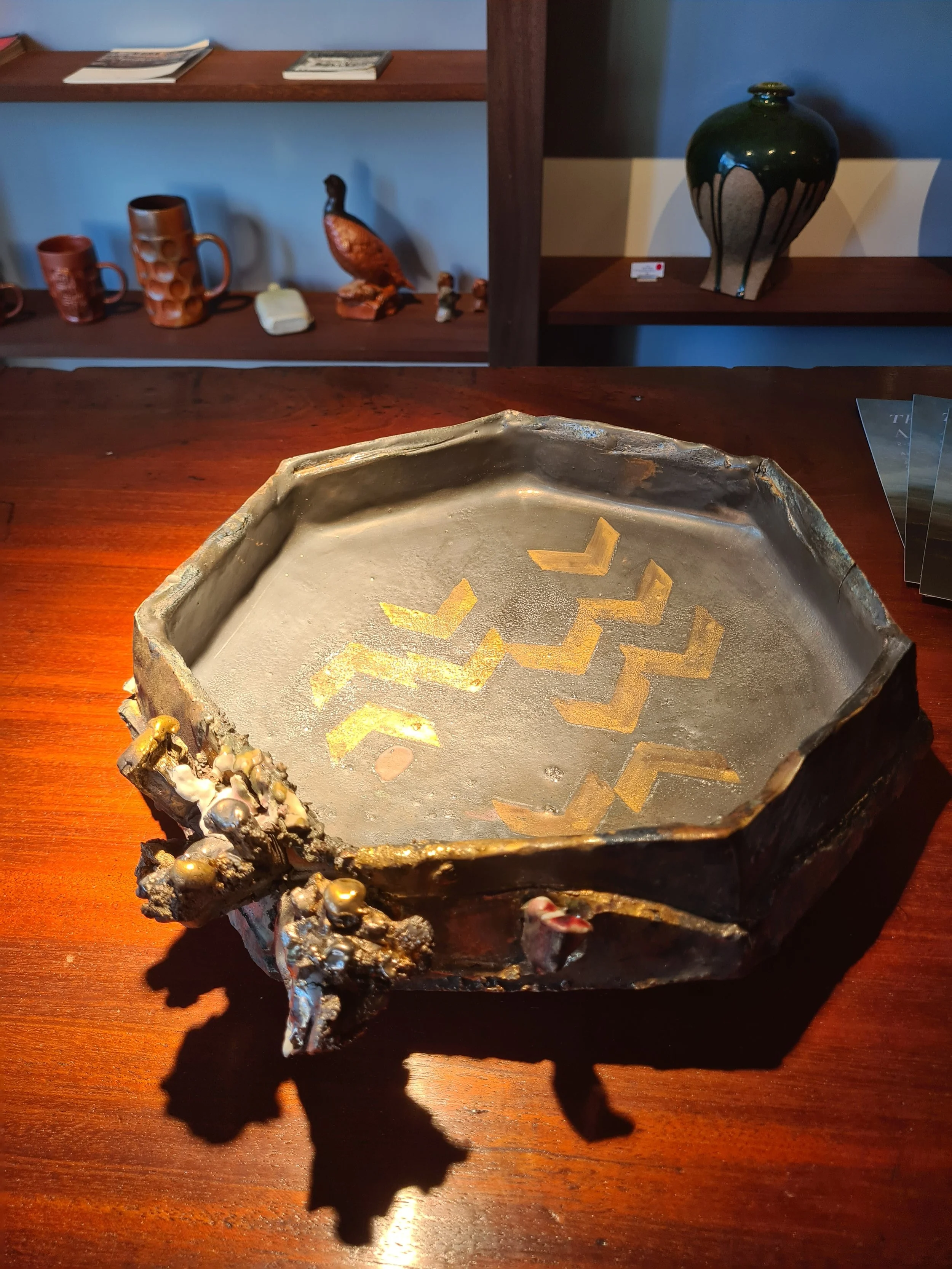 TC - “Moorland Pool” woodfired oribe and ash glazes with gold and platinum lustres
