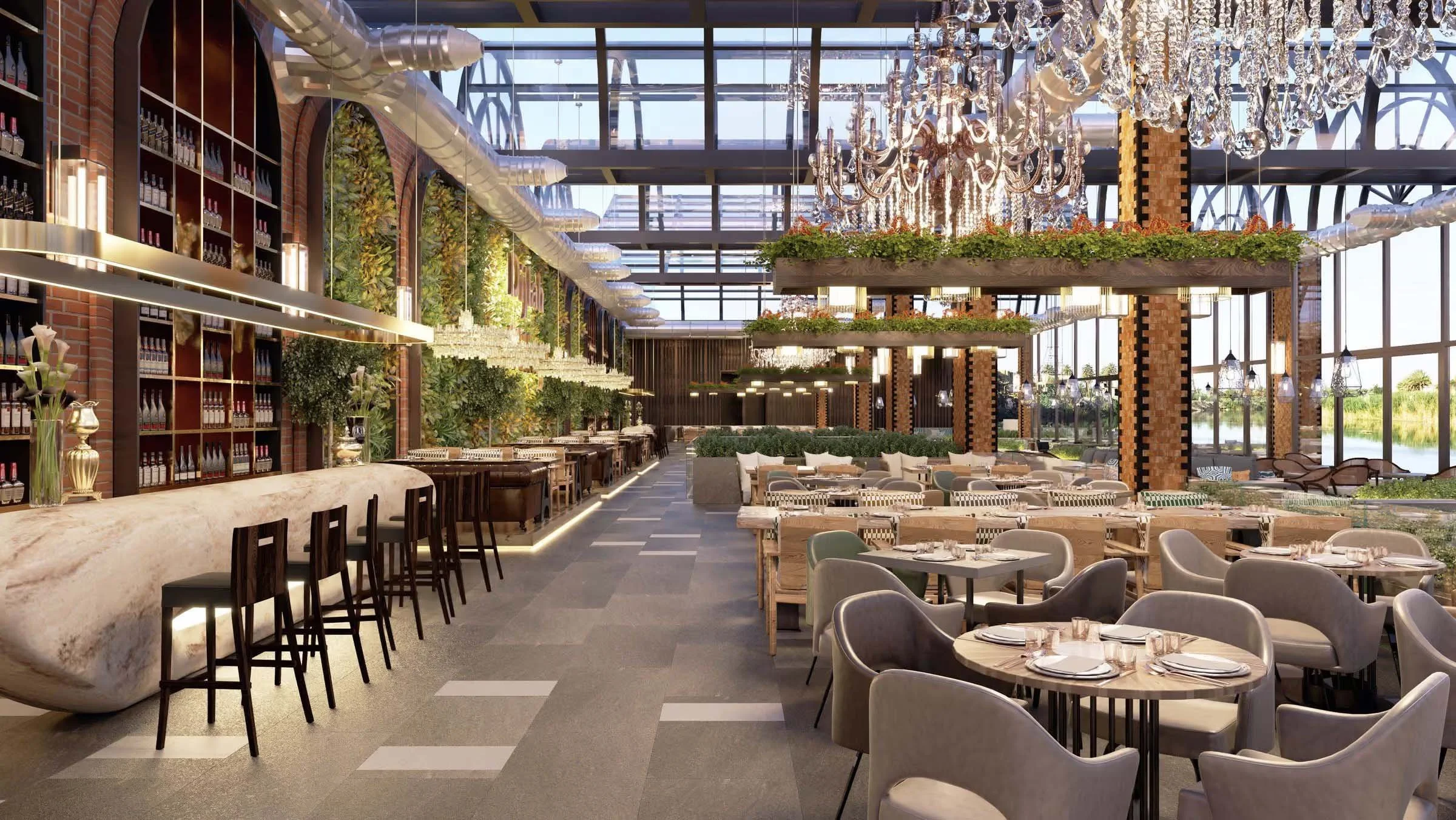 Interior of a modern restaurant or dining area with large windows, chandeliers, and lush green plants.