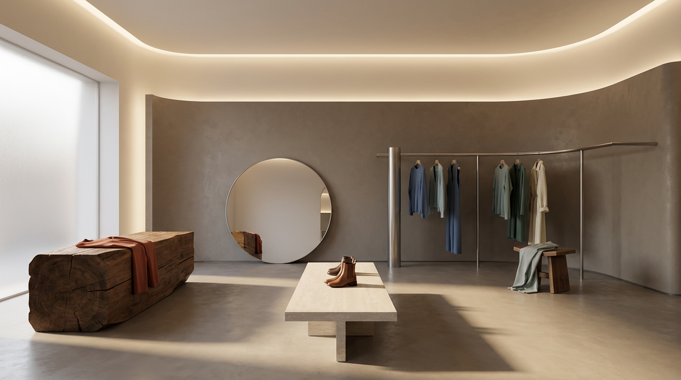Minimalist clothing store interior with a large wooden bench, a round mirror, a concrete table with a pair of tan boots, and a clothing rack with various colored garments.
