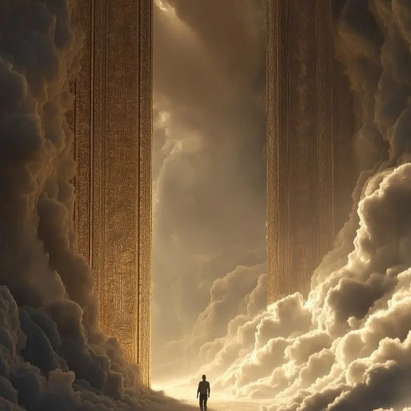 A person walking towards a massive, glowing, ancient doorway in the clouds, with intricate carvings on its frame, creating a surreal or fantasy scene.