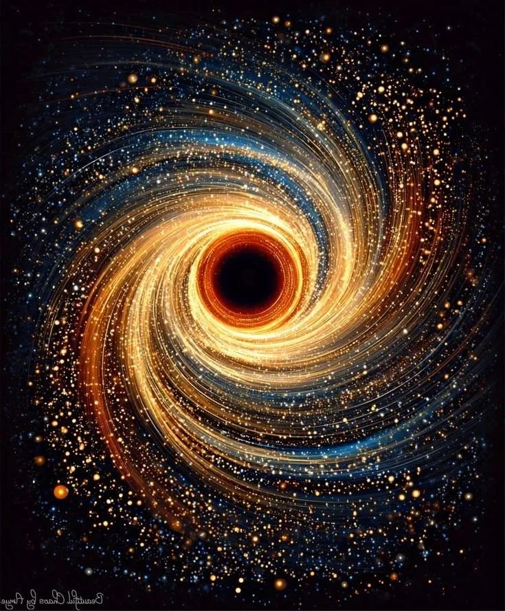 A digital illustration of a black hole with glowing accretion disk swirling around it, surrounded by stars and cosmic dust in space.