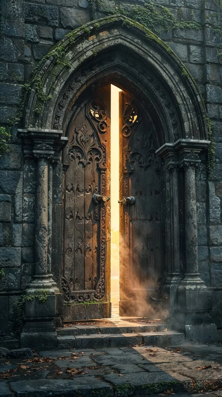 An ornate black wrought iron gate within an arched stone doorway at the entrance of a stone castle or church, with light and fog emanating from behind.