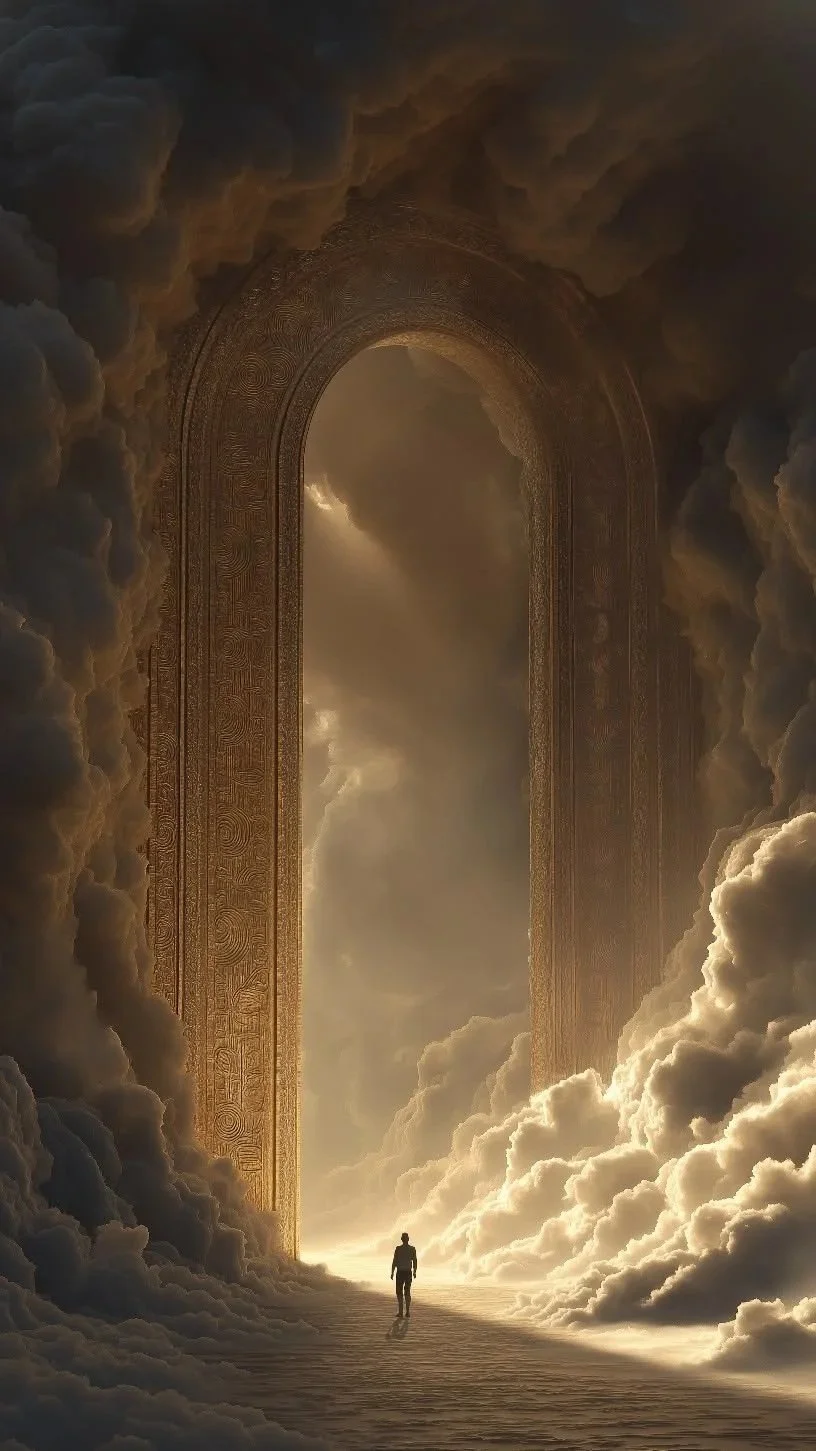 A person walking toward a giant, ornate archway in the sky surrounded by clouds, with sunlight shining through.
