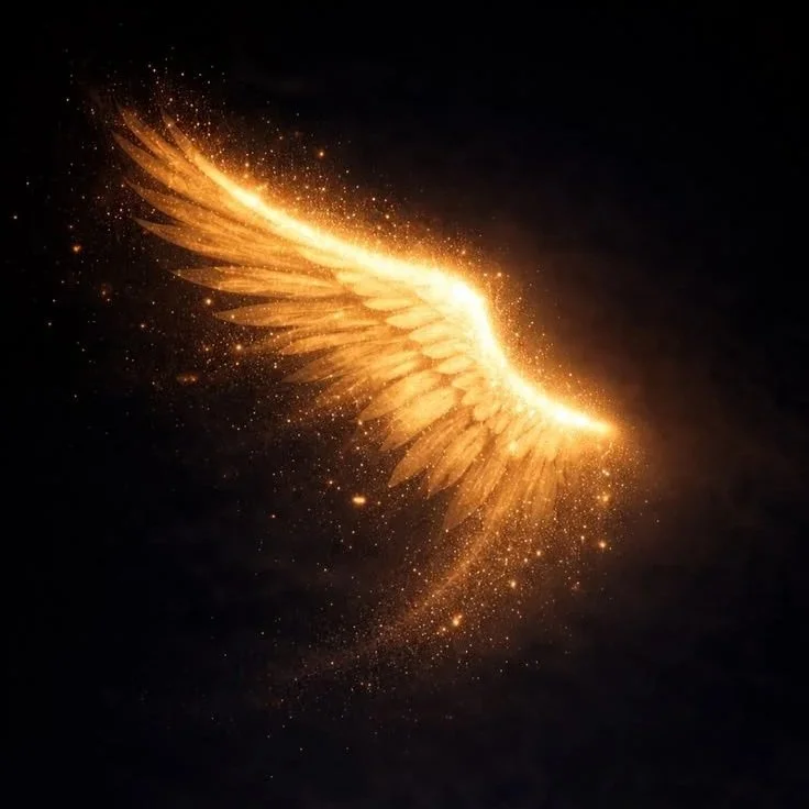 Golden glowing wing with sparkles floating in a dark background.