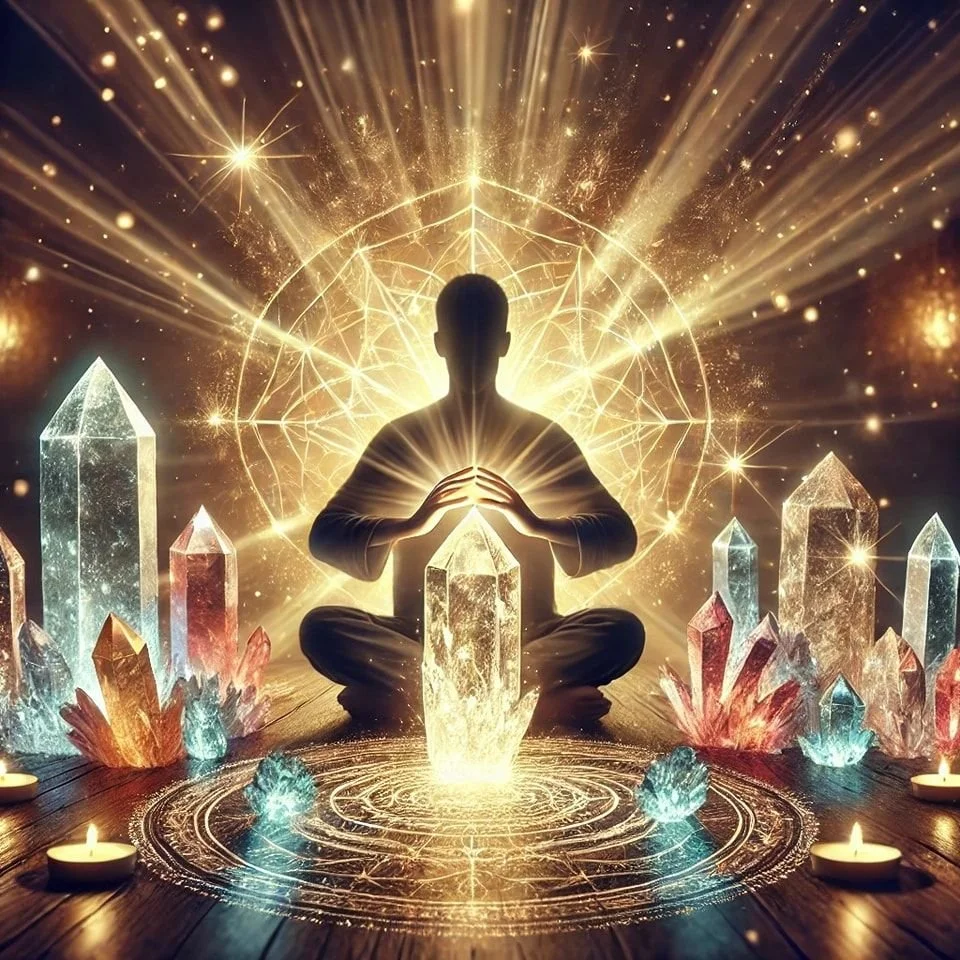 Person meditating amidst glowing crystals, surrounded by golden light, geometric patterns, and candles.