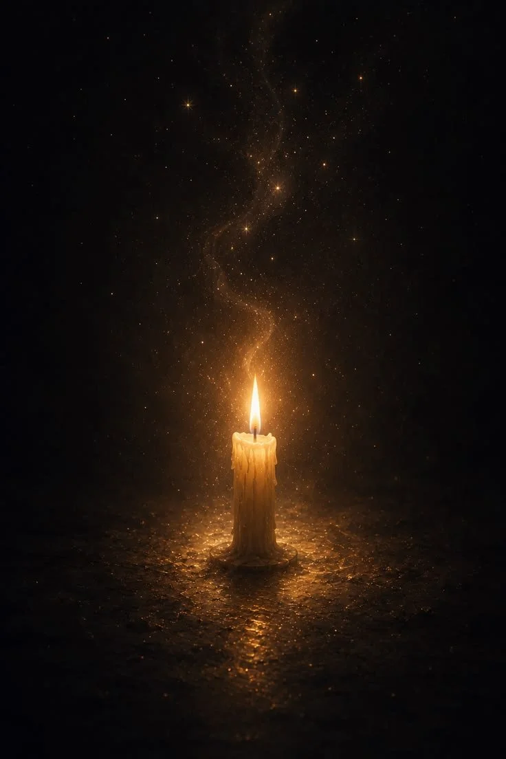 A burning candle with melted wax, casting a warm glow on a dark surface, with a faint trail of stars or dust swirling upward into the darkness.