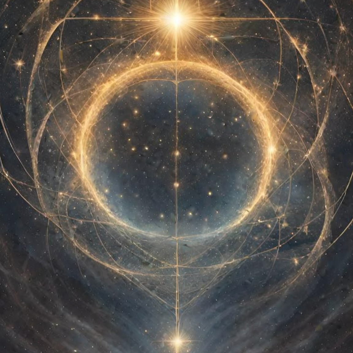 A digital artwork of celestial and cosmic elements, featuring glowing golden rings, intersecting lines, and bright stars in space.