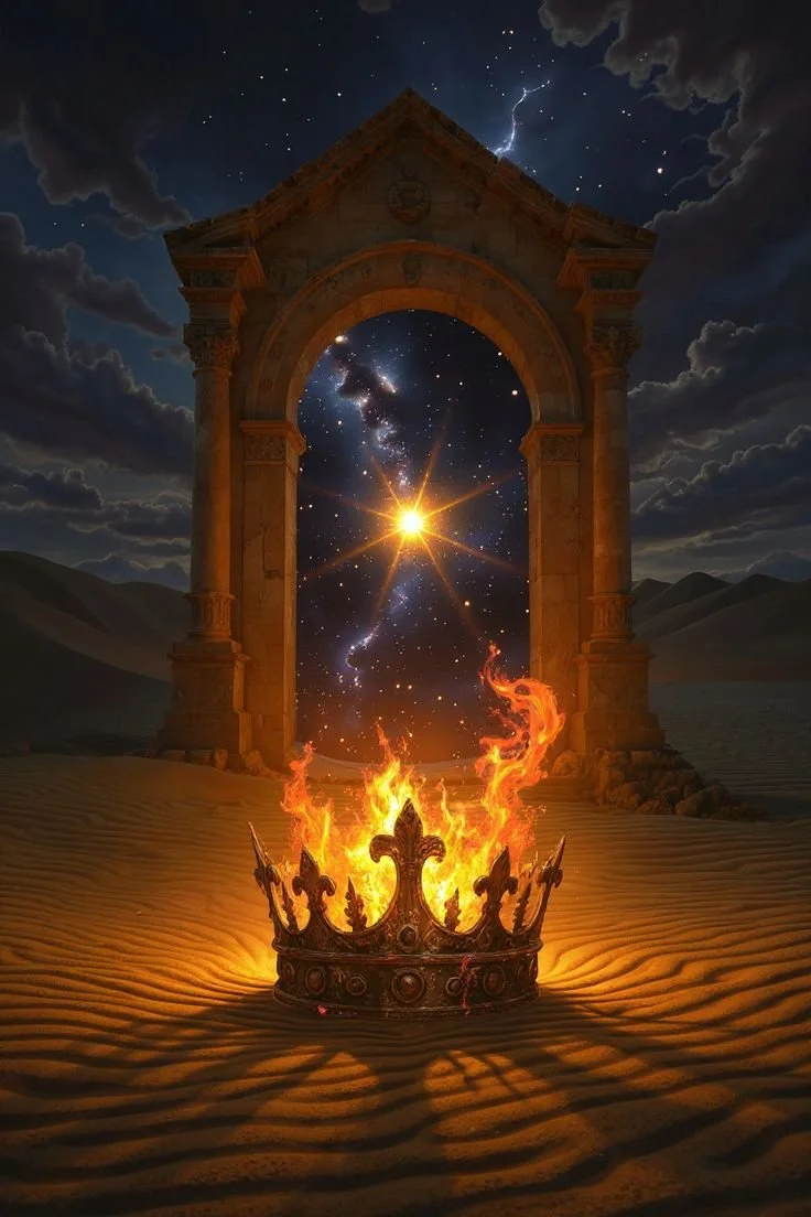 A fiery crown burning on the desert sand in front of an ancient stone archway at night, with the Milky Way galaxy and a bright star illuminating the starry sky.