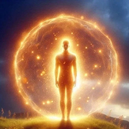 Silhouette of a person surrounded by a glowing energy or aura, with a large glowing circle behind them, set against a cloudy sky.