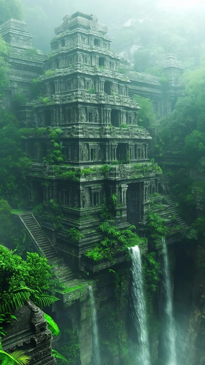 Ancient stone temple nestled in lush green jungle, with waterfalls flowing down its base and misty atmosphere.