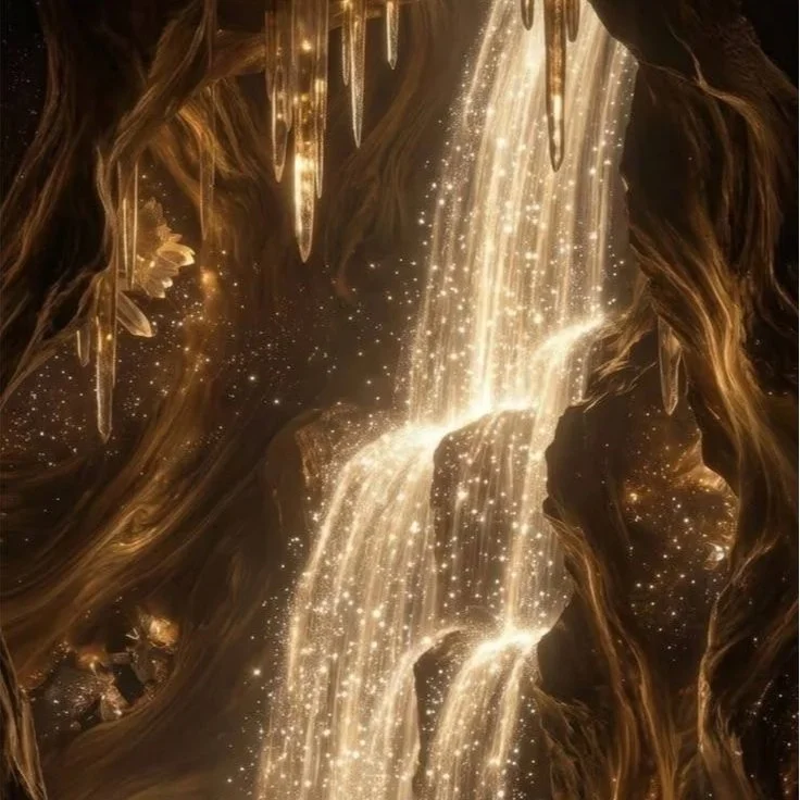 A golden, sparkling cave with cascading waterfalls and icicle-like formations.