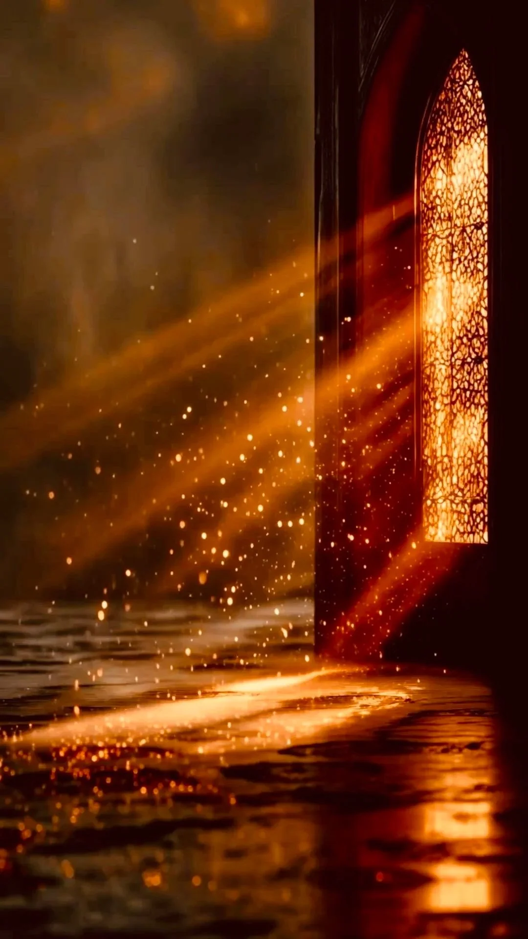 A glowing orange arched window with intricate lattice patterns, with sparks and light rays shining through, illuminating water beneath.