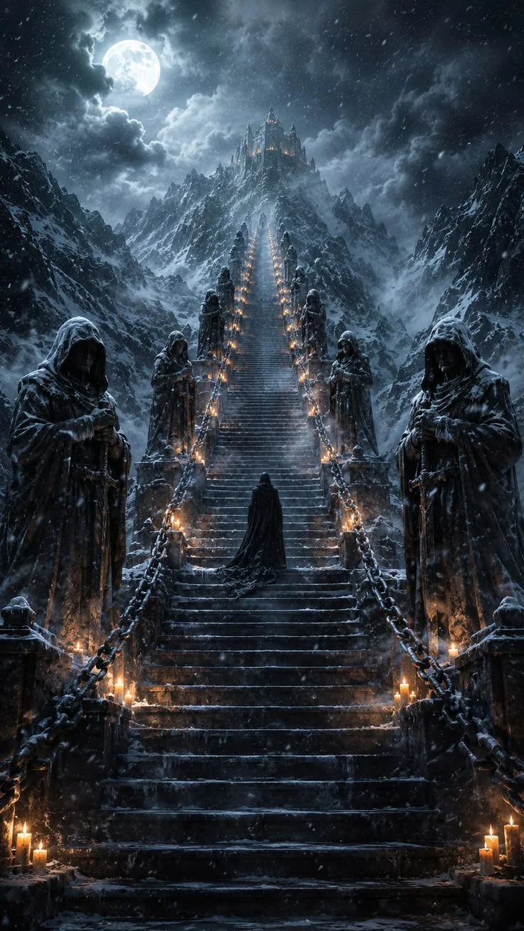 A dark, snowy night scene featuring a steep stone staircase flanked by large statues of robed figures and lit with candles. The staircase leads to a castle atop a mountain under a full moon and cloudy sky, with a cloaked individual standing at the bottom facing upward.
