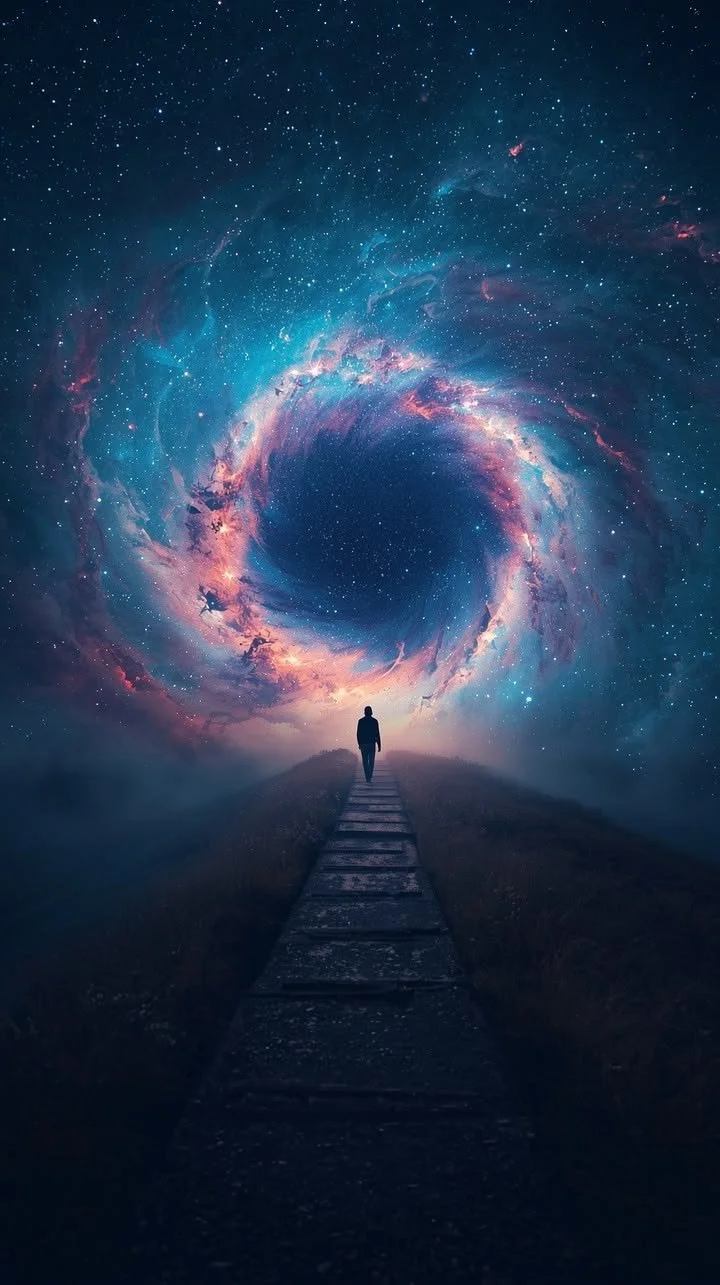 A person walking on a wooden path through a grassy landscape toward a swirling galaxy in the starry night sky.