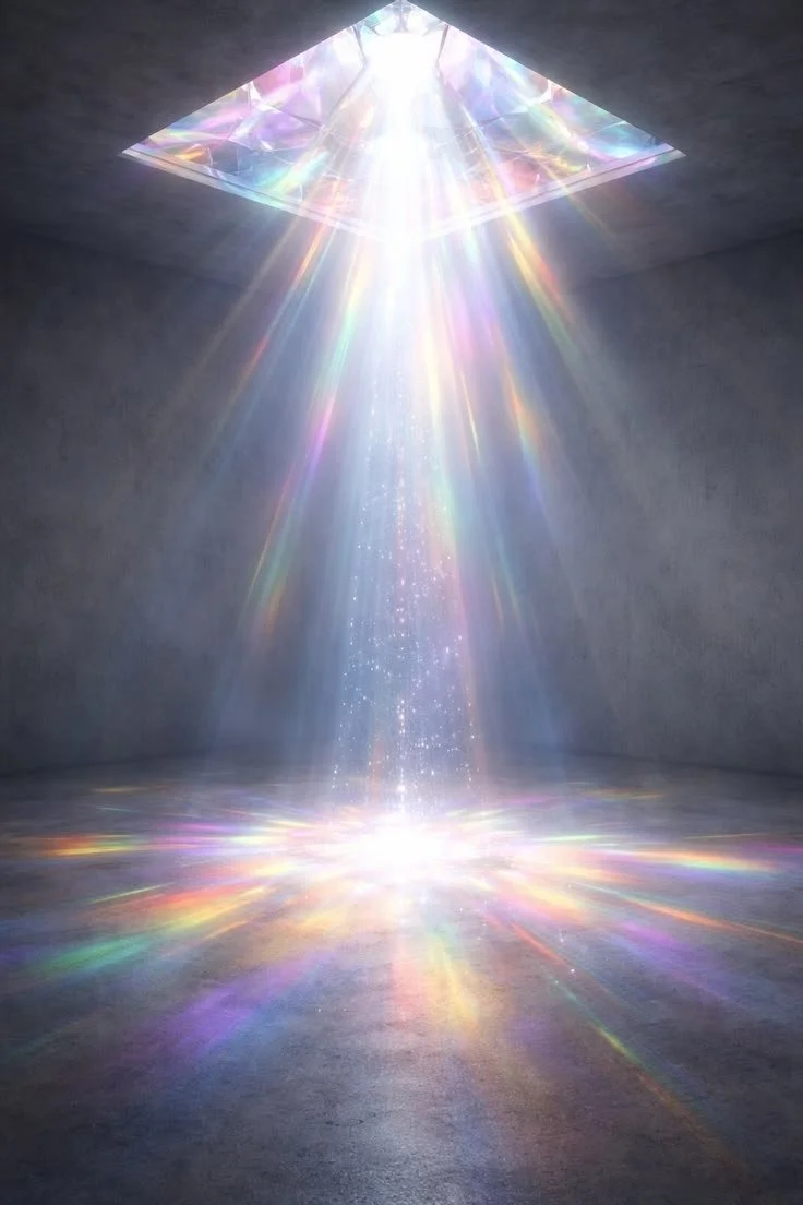 A beam of sunlight shining through a skylight, creating colorful rainbow light reflections on the floor and walls.
